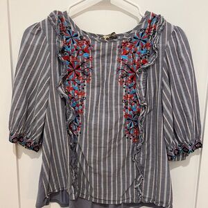 Anthropologie Blue and Red Embroidered Striped Blouse